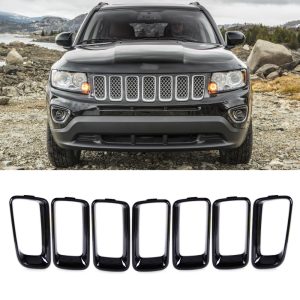beler 7pcs Black Front Grille Vent Hole Cover Trim Insert Frame Billet Vertical for Jeep Compass 2011 2012 2013 2014 2015 2016