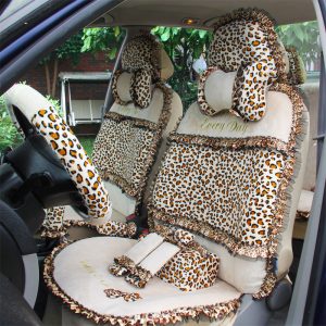 18pcs Leopard Print Lace Car Seat Covers for Women Universal Short Plush Winter Auto Seat Covers Sets Interior Accessories