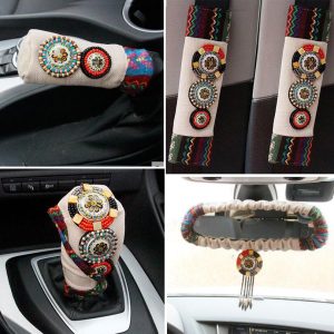 5pcs/ set Retro Beaded Car Seat Covers Interior Accessories Handbrake Gear Covers Flax Fabric Car Safety Belt Shoulder Pads
